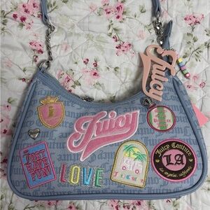 Juicy Couture Light Blue Patch Pocket Shoulder Bag with Pink Logo Charm